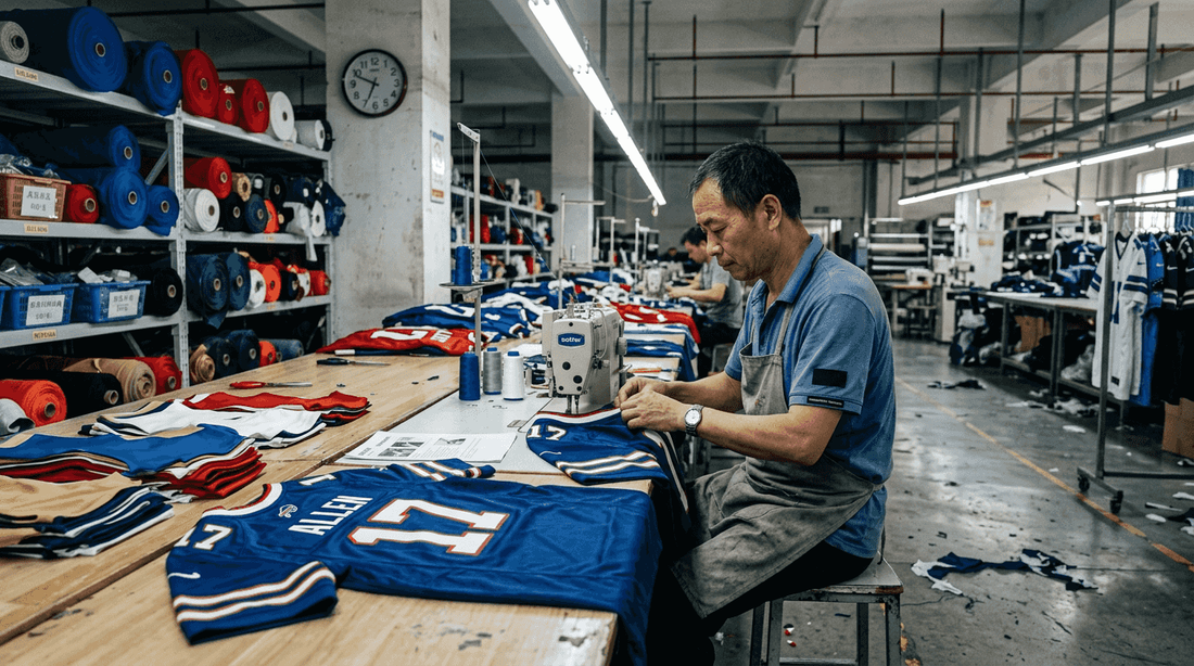 Worker assembling NFL jerseys in factory