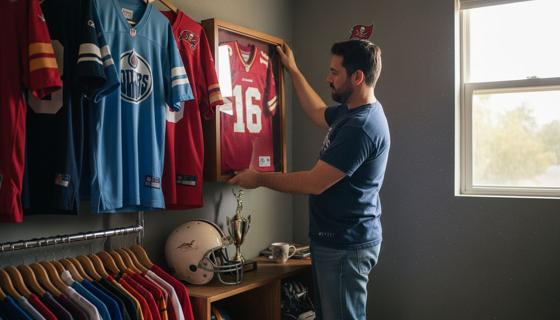 Collector adjusts framed retro NFL jersey