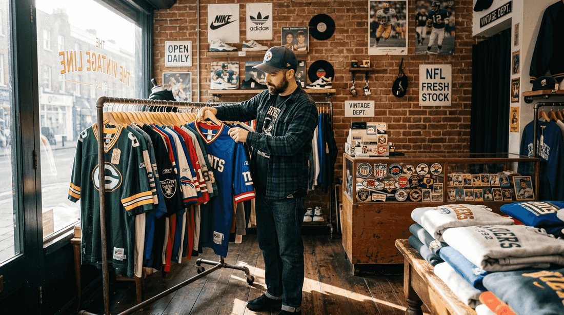 Shop owner arranging vintage NFL sweatshirts display