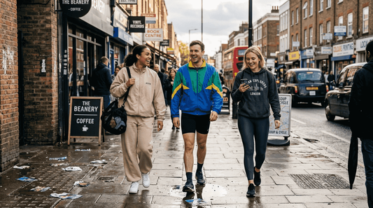 Friends wearing trendy sports fashion on city street