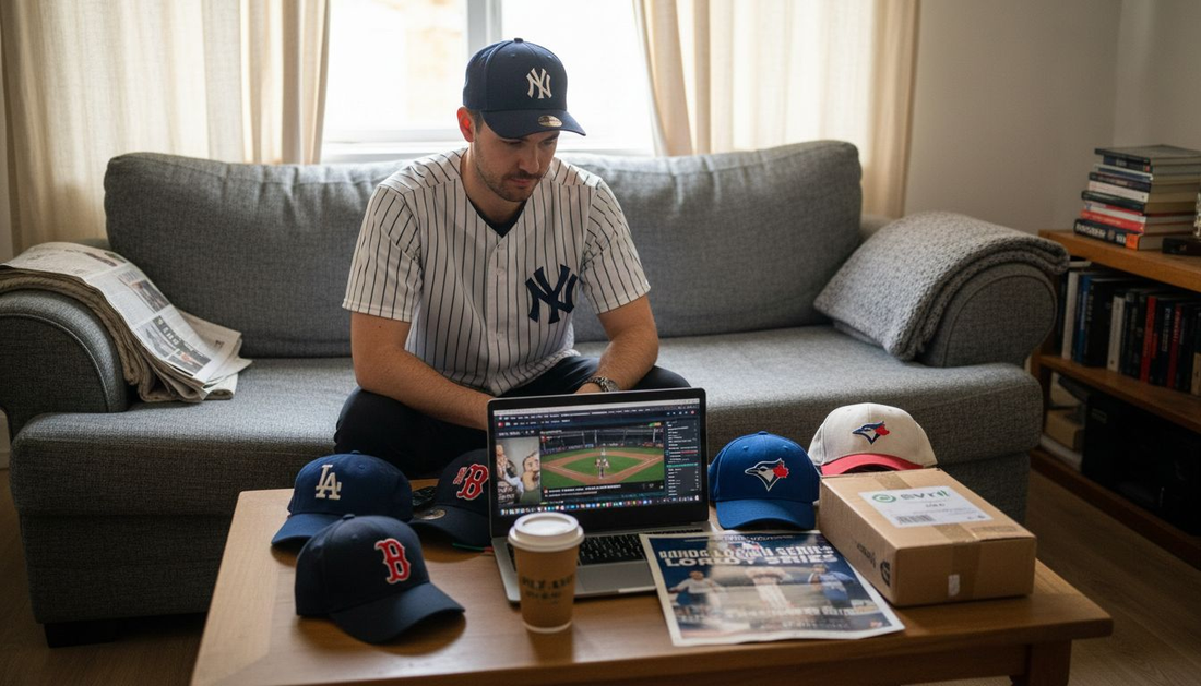 UK fan wearing MLB gear in living room