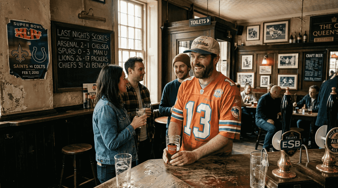 Man in vintage NFL jersey at London pub
