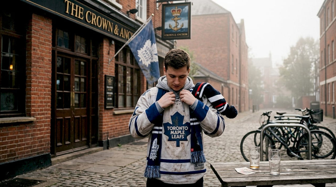 UK hockey fan outside pub in NHL jersey
