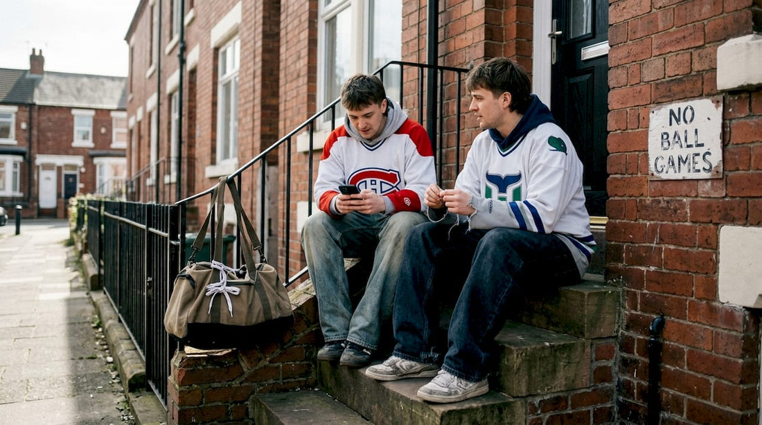 Friends in vintage NHL jerseys on stoop