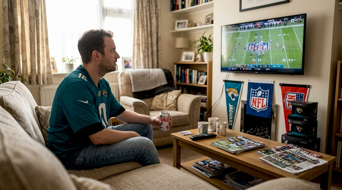 NFL fan in authentic jersey watching football