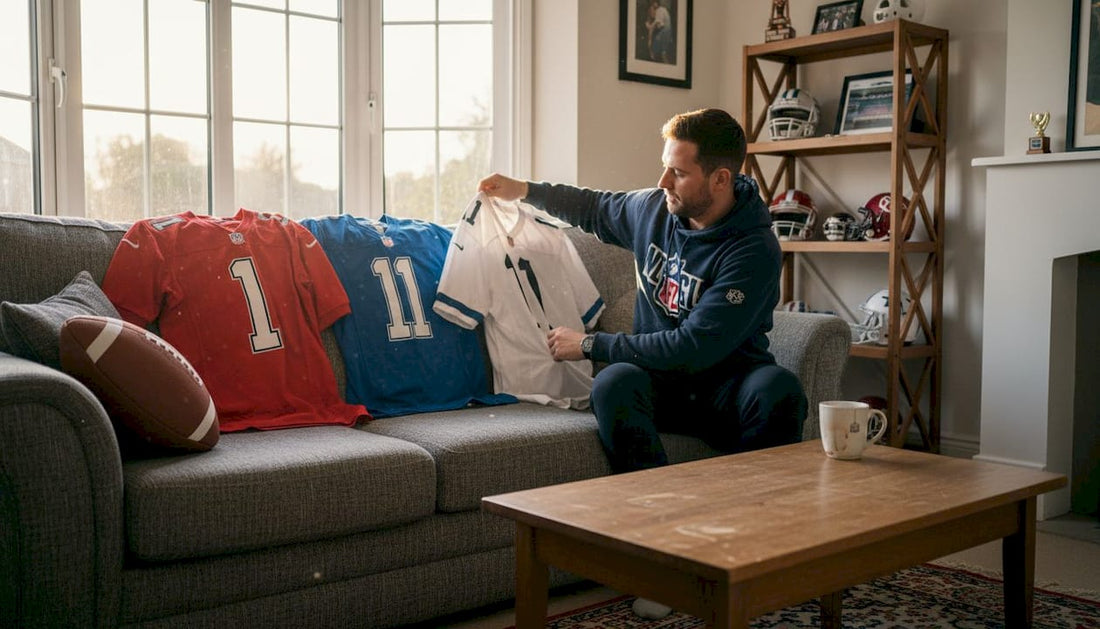 Fan arranging NFL jerseys in living room