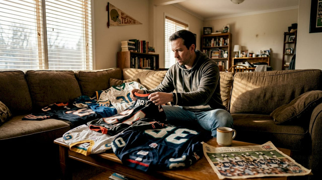 Sorting vintage NFL jerseys in living room
