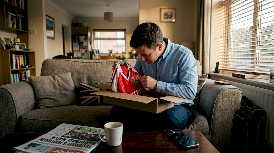 Sports fan unboxing authentic jersey at home