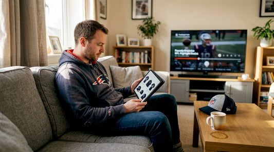 UK fan browsing NFL apparel on sofa