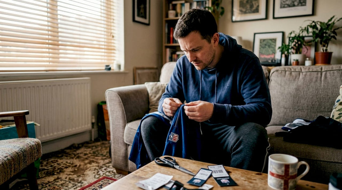 UK fan examining NFL jersey stitching