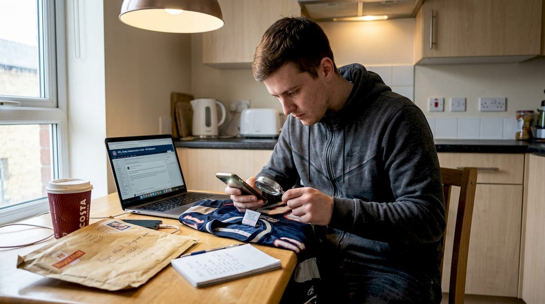 Man checks details of US sports jersey at kitchen table