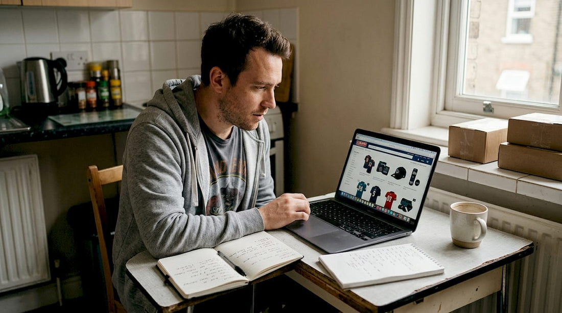 Man browsing NFL jerseys online in kitchen