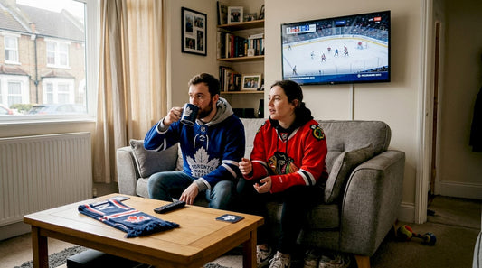 Two NHL fans wearing jerseys in living room