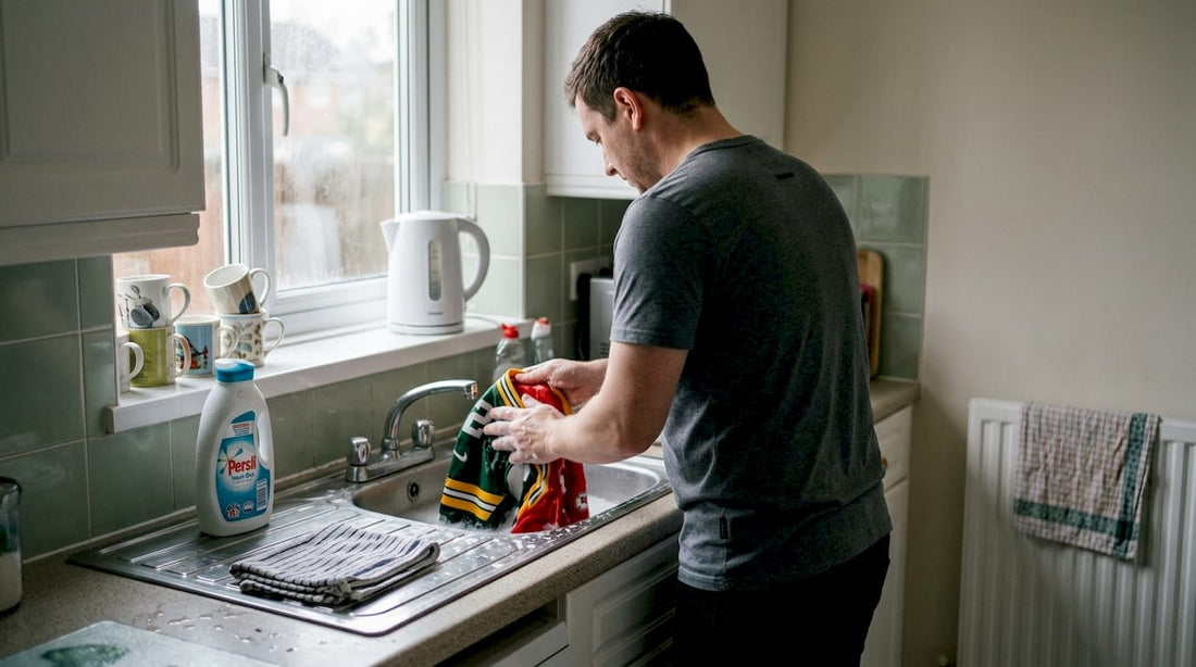Man hand washing NFL jersey in kitchen sink