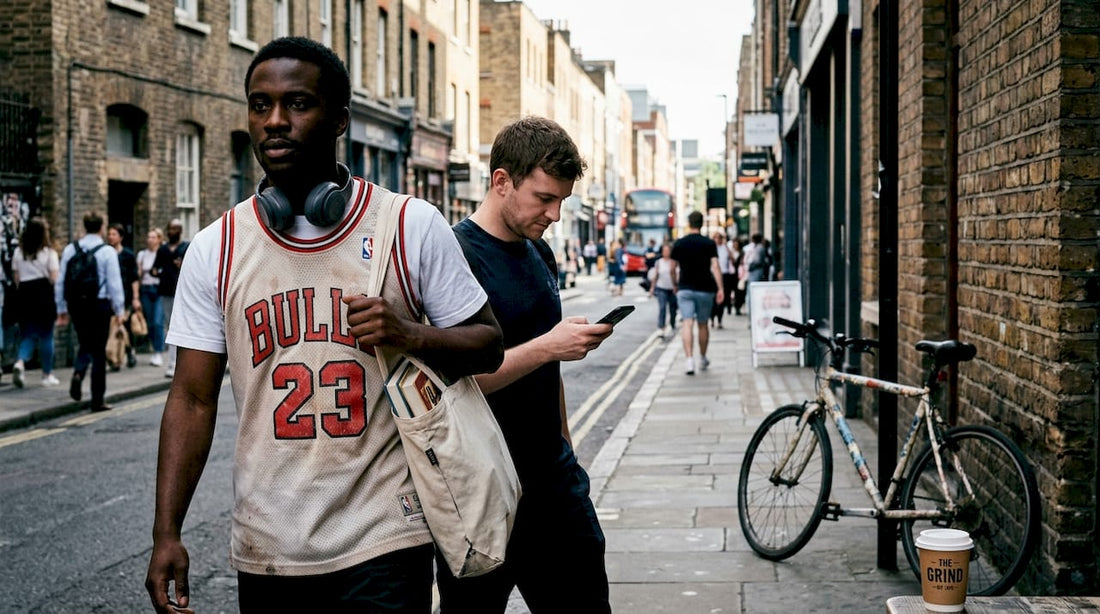 Person wearing vintage jersey in city street
