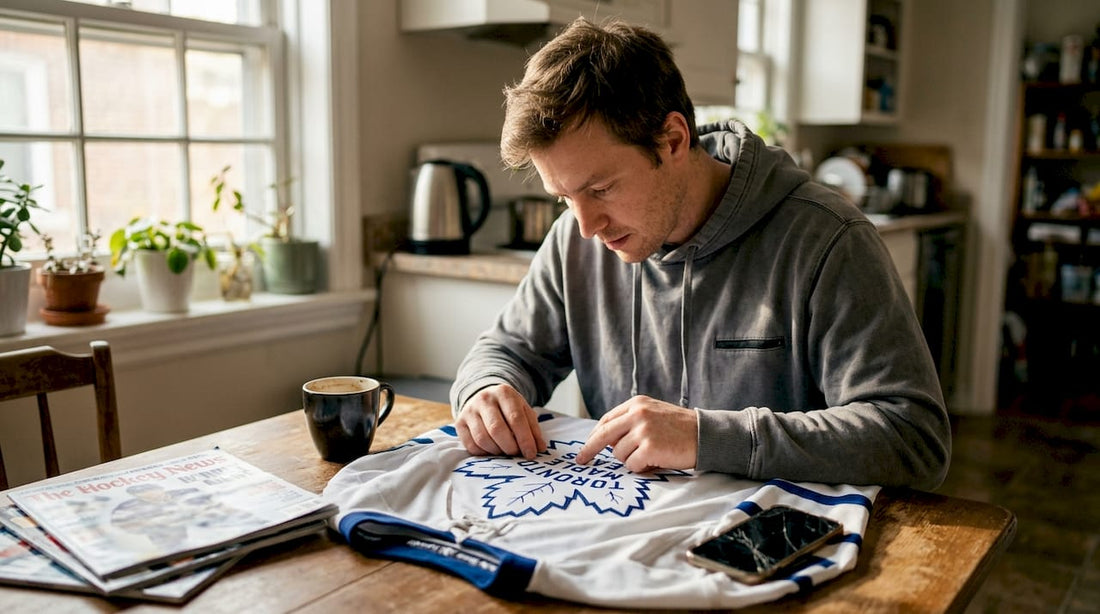 Fan inspecting authentic NHL jersey crest