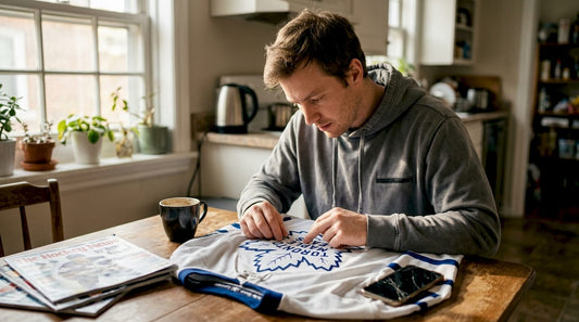 Fan inspecting authentic NHL jersey crest