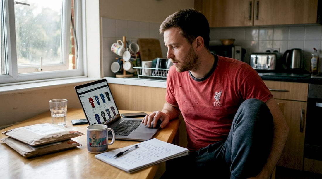 Man reviewing NFL jerseys online in home kitchen