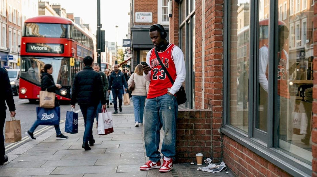 Man in vintage NBA jersey on London high street