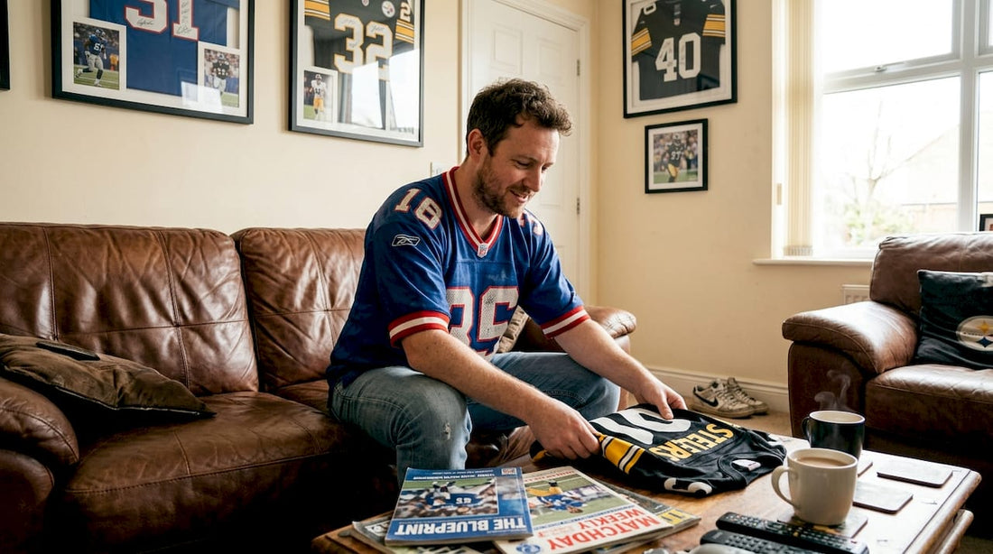 Fan folding iconic NFL jerseys in living room