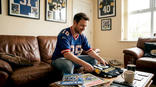 Fan folding iconic NFL jerseys in living room