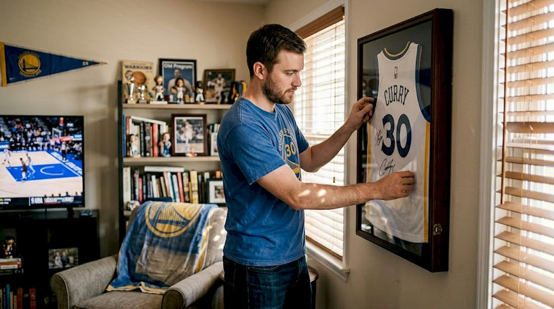 Fan hangs authentic NBA jersey in home display
