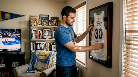 Fan hangs authentic NBA jersey in home display