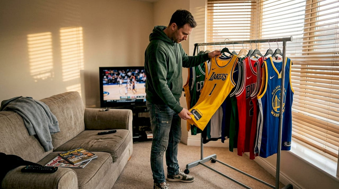 NBA fan checking replica jersey tag at home