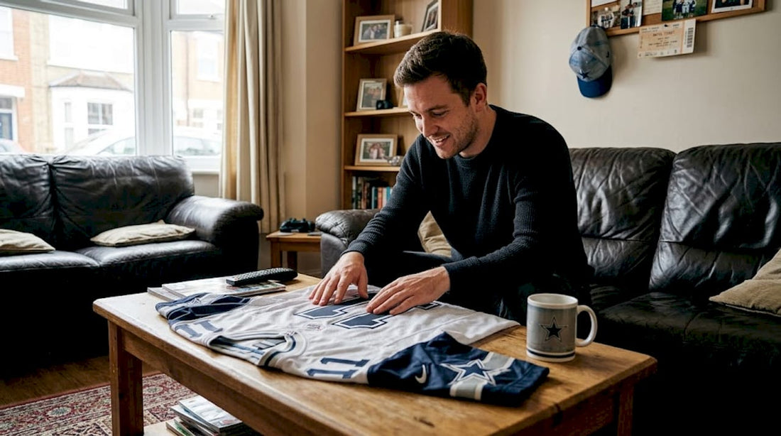 UK fan authentic sports jersey in living room