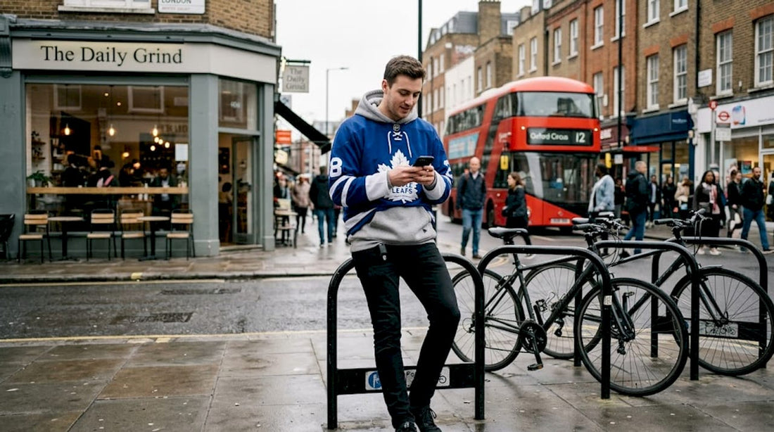 UK NHL fan in streetwear by London café