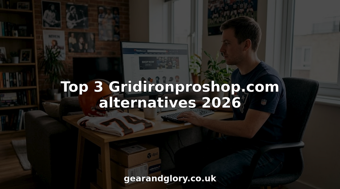 Man browsing sports merchandise sites at tidy desk