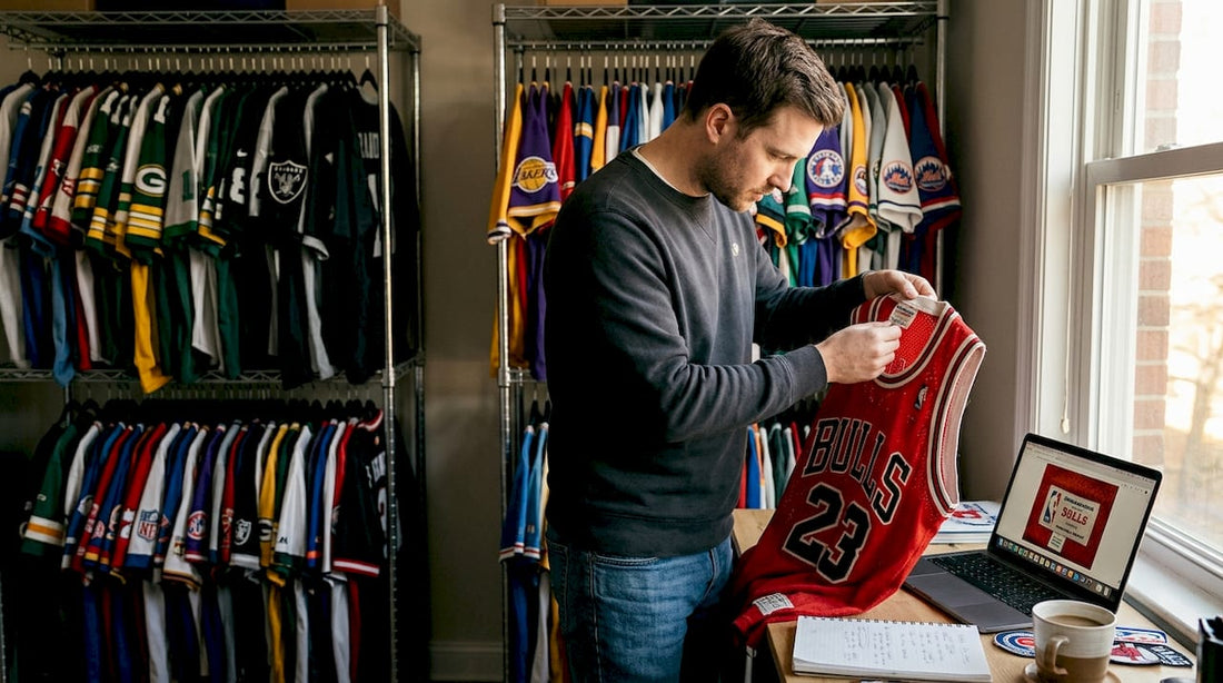 Collector inspecting vintage US sports jerseys