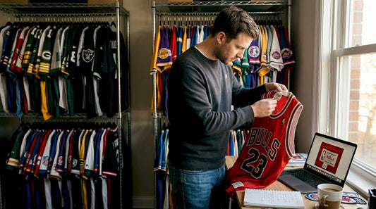 Collector inspecting vintage US sports jerseys