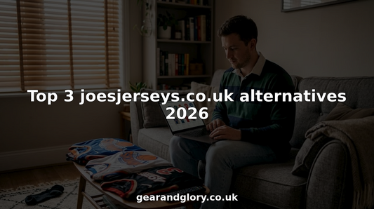 Young man browsing sports jerseys on laptop in living room