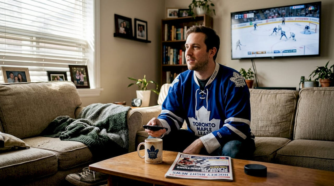 NHL fan in authentic jersey watching game at home