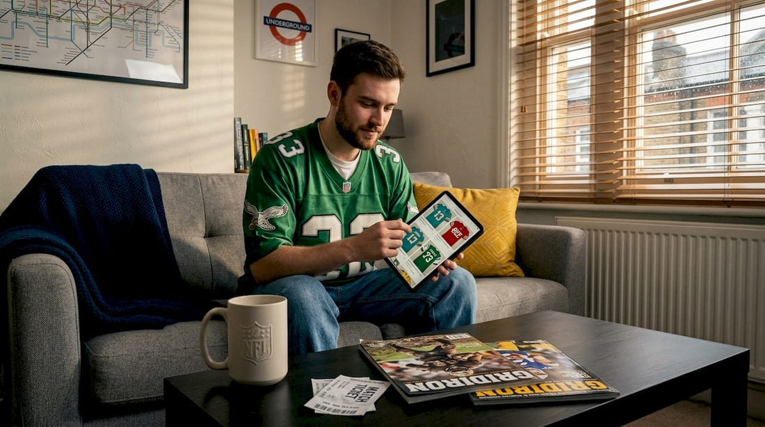 UK NFL fan browsing throwback jersey photos