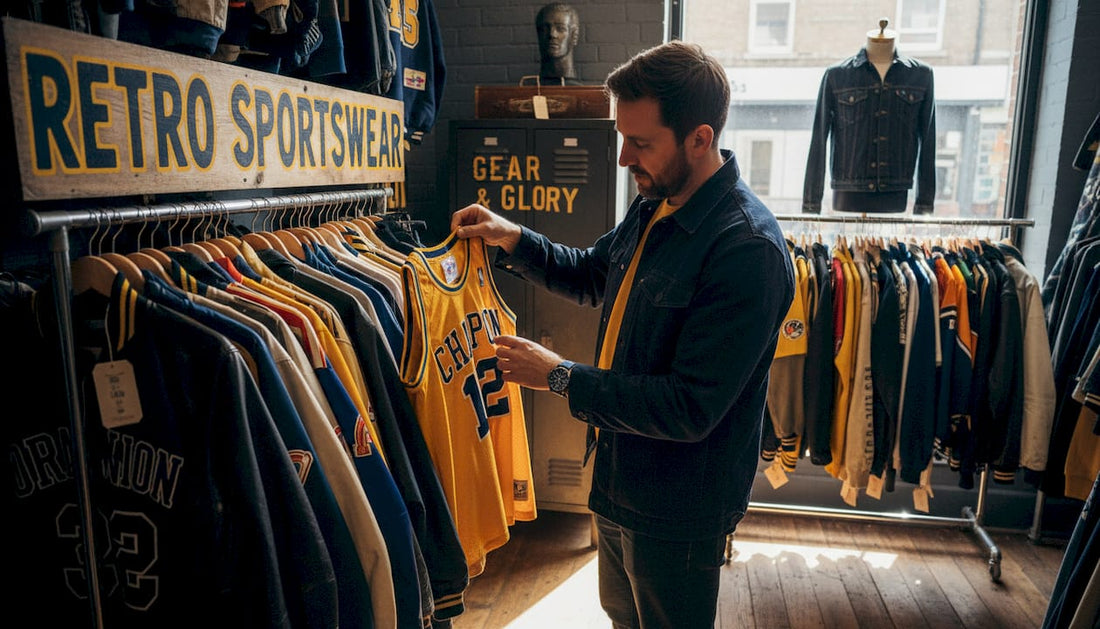 Man inspects vintage sportswear rack in shop
