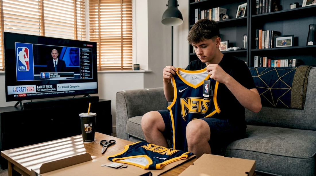 Fan inspecting NBA draft jersey in living room