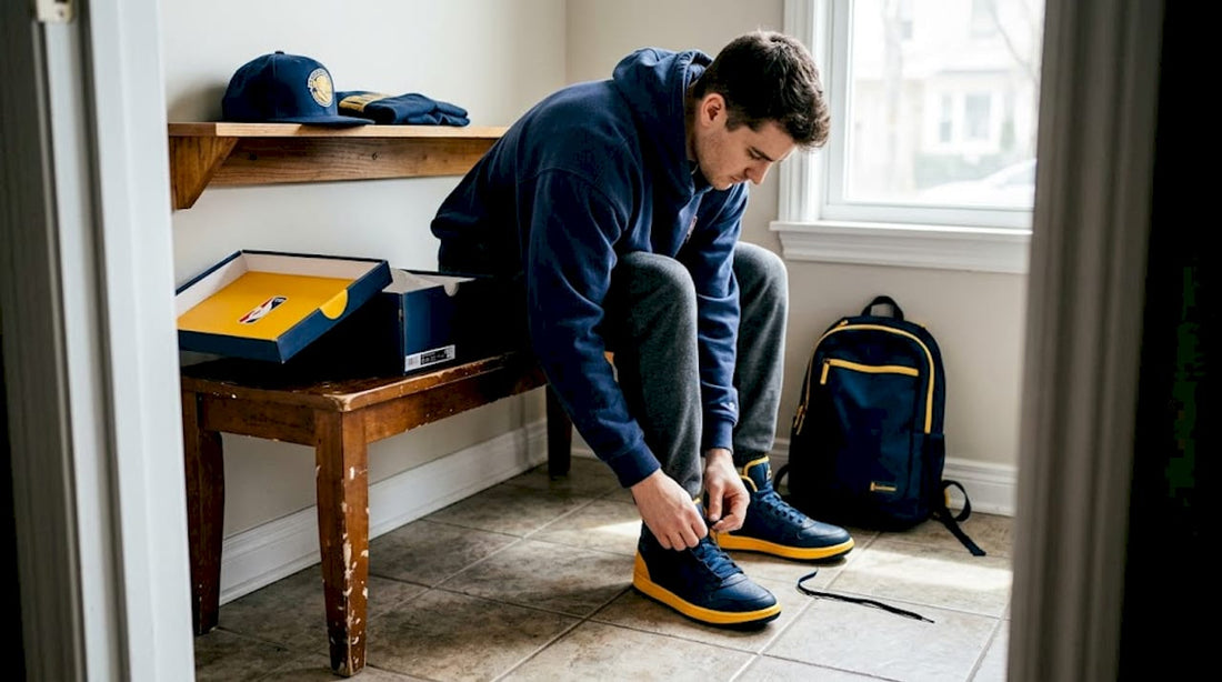 Man lacing limited NBA sneakers in entryway