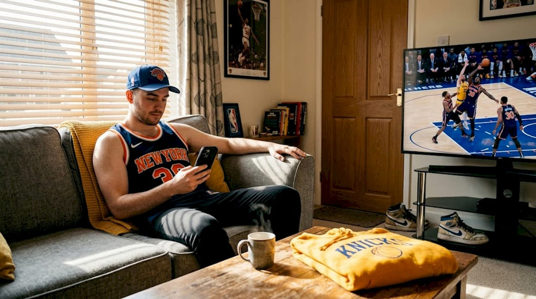 UK fan relaxing in living room in NBA jersey