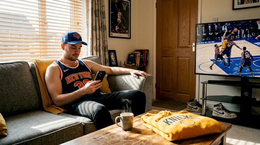 UK fan relaxing in living room in NBA jersey