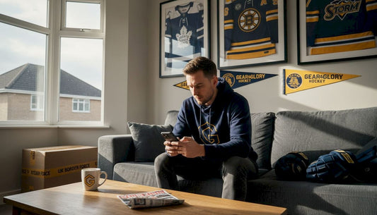 UK hockey fan relaxing with displayed jerseys
