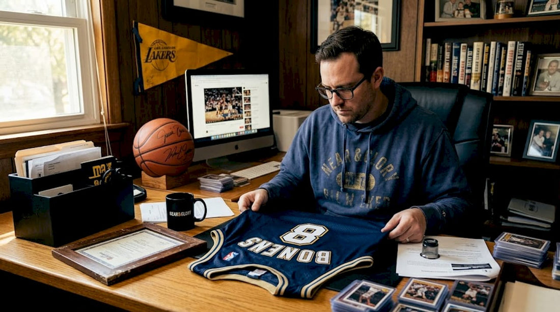 Collector examining NBA jersey with documents