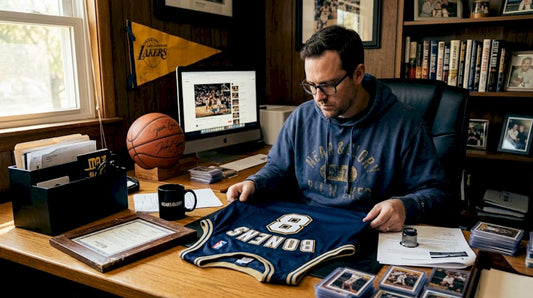 Collector examining NBA jersey with documents