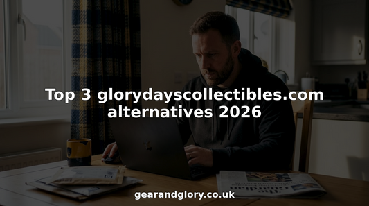 Man shopping sports collectibles at kitchen table
