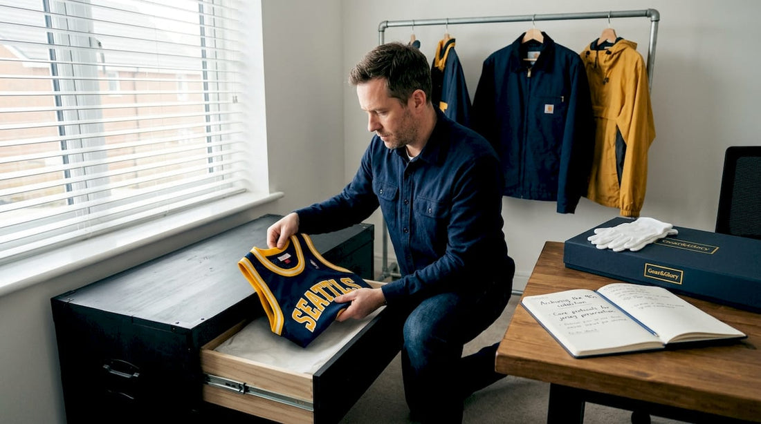 Collector storing vintage jersey in home office