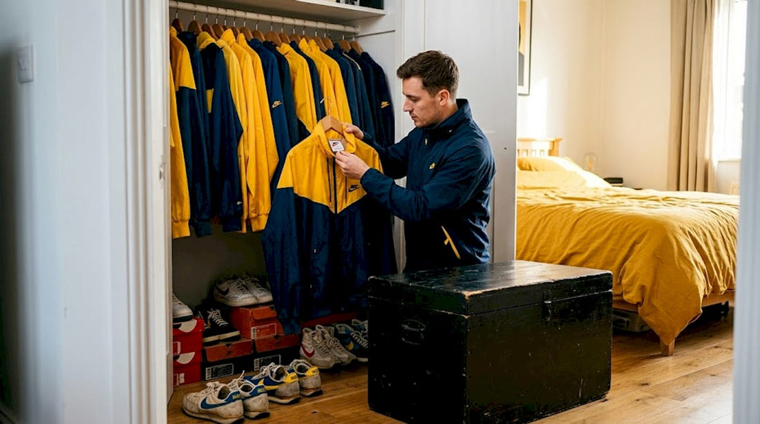 Collector checks retro Nike jackets in home closet
