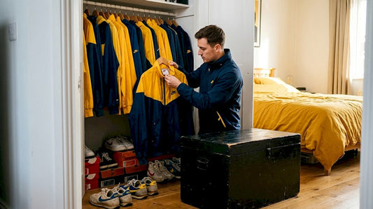 Collector checks retro Nike jackets in home closet