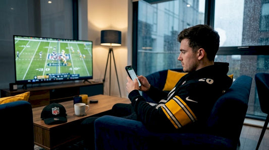 UK NFL fan layering gear in living room