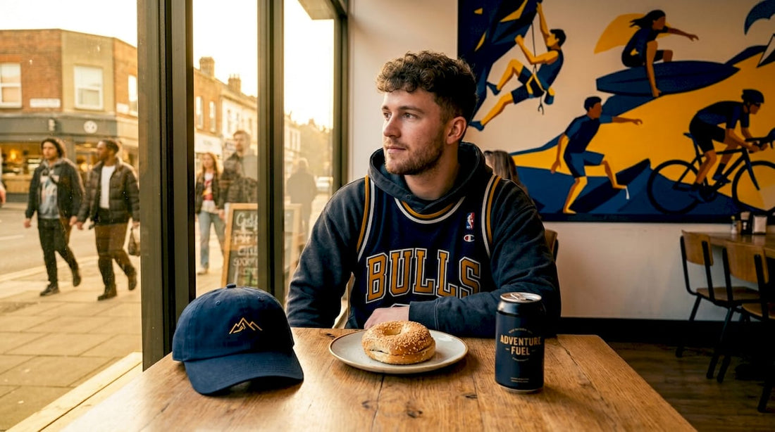 Man in vintage Bulls jersey at urban café